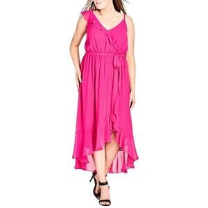 City Chic Dress Maxi Ruffle Flirty Detail Shock Pink Boho Feminine Sexy Size 18
